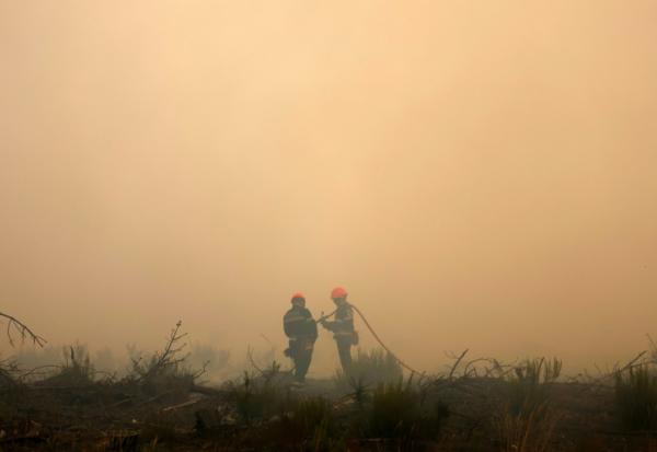 Des pompiers dans la fumée du mégafeu en Gironde, le 26 juillet 2026 à Arès
