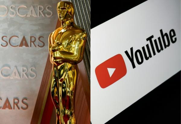 Une statuette des Oscars et le logo de YouTube dans un combo monté par l'AFP le 17 décembre 2025