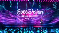Le logo du Concours Eurovision de la Chanson 2025, le 14 mai 2025 à Bâle, en Suisse