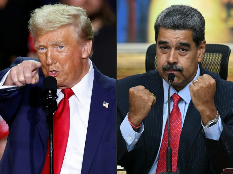 Montage photographique des des présidents américain Donald Trump (G), le 5 novembre 2024 dans le Michigan, et vénézuélien, Nicolas Maduro, le 31 juillet 2024 à Caracas 
