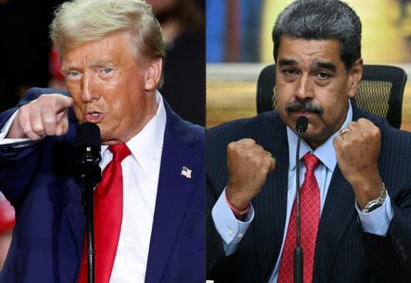 Montage photographique des des présidents américain Donald Trump (G), le 5 novembre 2024 dans le Michigan, et vénézuélien, Nicolas Maduro, le 31 juillet 2024 à Caracas 