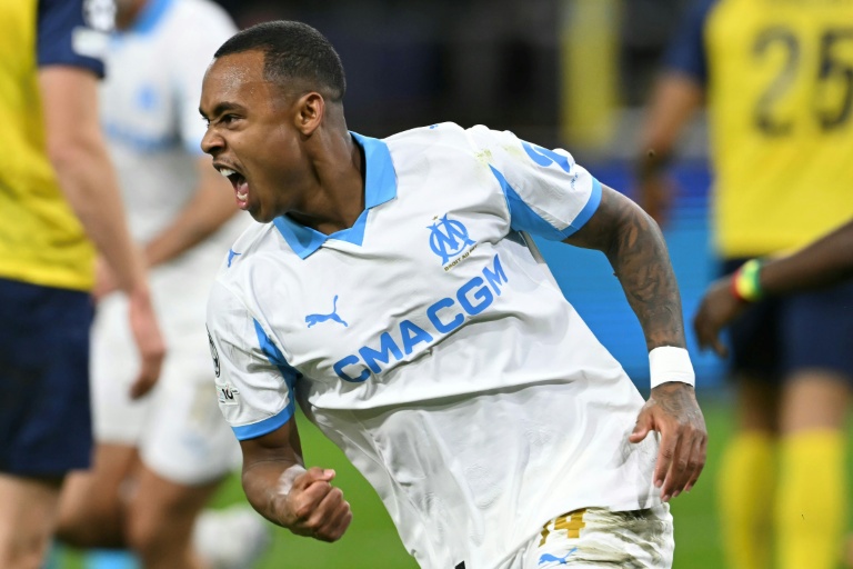 L'attaquant brésilien de Marseille Igor Paixao après son but en Ligue des champions contre l'Union Saint-Gilloise, le 9 décembre 2025