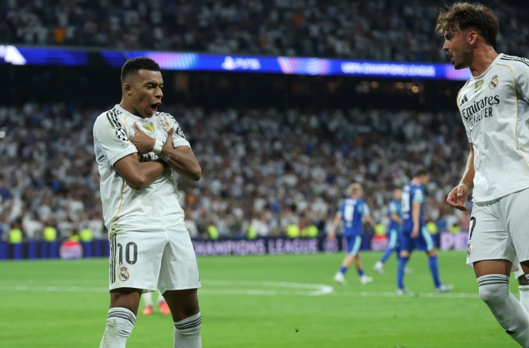 L'attaquant du Real Madrid Kylian Mbappé après son deuxième but contre l'OM en Ligue des champions, le 15 septembre 2025 au stade Bernabeu