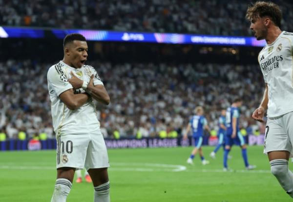L'attaquant du Real Madrid Kylian Mbappé après son deuxième but contre l'OM en Ligue des champions, le 15 septembre 2025 au stade Bernabeu