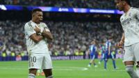 L'attaquant du Real Madrid Kylian Mbappé après son deuxième but contre l'OM en Ligue des champions, le 15 septembre 2025 au stade Bernabeu