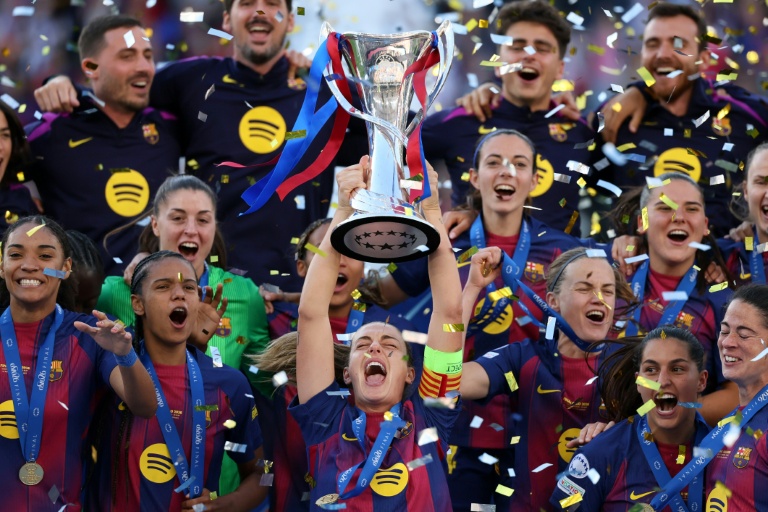 Les Barcelonaises sacrées championnes d'Europe après leur succès contre l'OL Lyonnes en finale, le 23 mai 2026 à Oslo