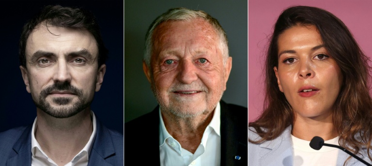 Combinaison, créée le 15 mars 2026, des trois candidats à la mairie de Lyon de gauche à droite: le maire sortant écologiste Grégory Doucet, le candidat de la droite Jean-Michel Aulas, et la candidate de La France insoumise  Anais Belouassa-Cherifi