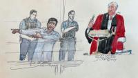 Croquis d'audience réalisé le 21 septembre 2026 montrant Loïk Le Priol, debout à gauche, devant la cour d'assises de Paris pour le meurtre du rugbyman argentin Federico Martin Aramburu