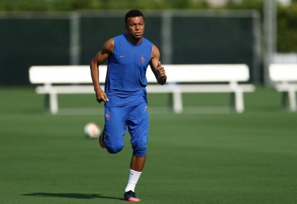 Kylian Mbappé participe à une séance d'entraînement, le 3 juillet 2026 à Philadelphie aux Etats-Unis