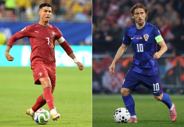 L'attaquant portugais Cristiano Ronaldo (g.), à Miami, le 27 juin 2026, et le milieu de terrain croate Luka Modric (d.), à Zagreb, le 12 octobre 2025