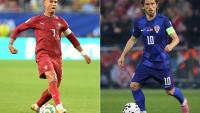 L'attaquant portugais Cristiano Ronaldo (g.), à Miami, le 27 juin 2026, et le milieu de terrain croate Luka Modric (d.), à Zagreb, le 12 octobre 2025
