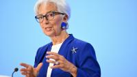 La présidente de la Banque centrale européenne (BCE), lors d'une conférence de presse après une réunion de l'institution, à Francfort le 23 juillet 2026