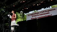 Nathalie Arthaud, de Lutte Ouvrière (LO) à l'élection présidentielle de 2027, prononce un discours lors du lancement de sa campagne à Presles dans le Val-d'Oise le 24 mai 2026