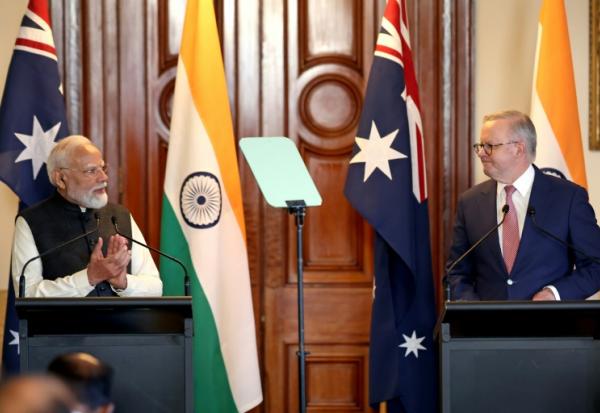 Le Premier ministre indien Narendra Modi (G) et le Premier ministre australien Anthony Albanese (D) à Melbourne le 9 juillet 2026