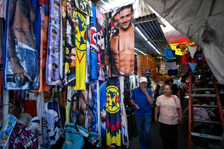 Des vendeurs de rue proposent des tee-shirts, serviettes, et autres produits dérivés à l'effigie du minsitre à la sécurité, Omar Garcia Harfuch, à Mexico le 1er mai 2026