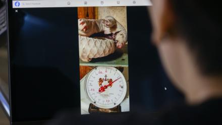 Une personne regarde un post Facebook proposant un cadavre de pangolin posé sur une balance et à vendre, le 25 juin 2026