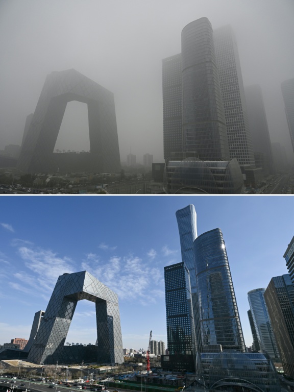 Montage photos du 16 février 2026 montrant le quartier central des affaires de Pékin par une journée polluée, le 5 novembre 2021 (en haut), et la même vue, le 11 février 2026 (en bas)