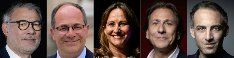 Photomontage réalisé le 16 septembre 2026 montrant les cinq candidats à la primaire de la gauche: (de g à d) Olivier Faure, Emmanuel Maurel, Ségolène Royal, Jérôme Guedj et Raphaël Glucksmann