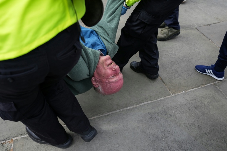 La police évacue un manifestant tandis que des personnes se rassemblent pour réclamer la levée de l’interdiction visant le groupe Palestine Action lors d’une manifestation à Trafalgar Square, dans le centre de Londres, le 11 avril 2026. Le gouvernement travailliste du Premier ministre britannique Keir Starmer a interdit Palestine Action en tant qu’organisation terroriste en 2025, faisant du fait d’appartenir au groupe ou de le soutenir une infraction pénale.