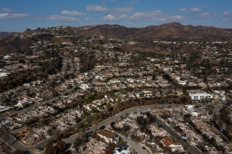 Vue aérienne de maisons détruites par l'incendie de Palisades dans le quartier de Pacific Palisades à Los Angeles, en Californie, le 29 janvier 2025