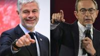 (COMBO) Cette combinaison de photos montre les deux candidats à la présidence du parti Les Républicains: Laurent Wauquiez (G), ici le 18 avril 2025 à Biarritz, et Bruno Retailleau (D) le 11 mai 2025 à Boulogne-Billancourt