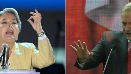 (COMBO) Cette combinaison de photos d’archives réalisée le 14 novembre 2025 montre la candidate présidentielle chilienne Jeannette Jara (g), de la coalition Unidad por Chile, lors de son meeting de clôture de campagne à Valparaíso, le 13 novembre 2025, et José Antonio Kast (d), du Parti républicain, lors de son propre meeting de clôture de campagne à Concepción, au Chili, le 13 novembre 2025