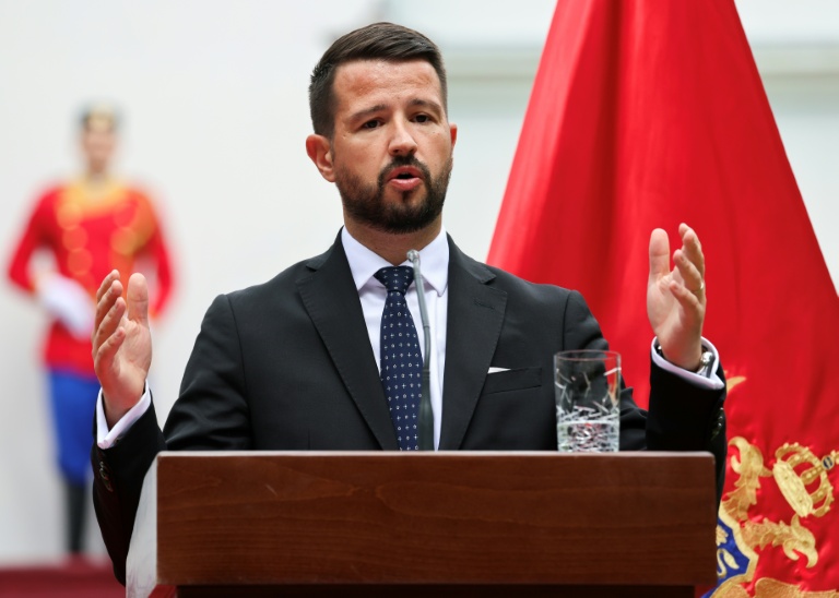 Le président du Monténégro, Jakov Milatović, lors d'une conférence de presse avec le président français Emmanuel Macron au Palais Bleu, la résidence présidentielle à Cetinje, le 4 juin 2026