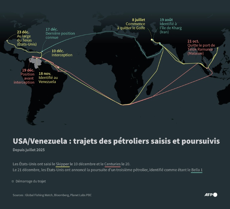 USA/Venezuela: trajets des pétroliers saisis et poursuivis 