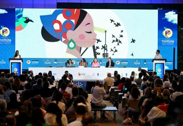 Vue générale d'une séance plénière lors de la conférence sur la sortie des énergies fossiles à Santa Marta, en Colombie, le 28 avril 2026