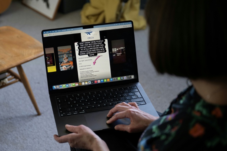 La chanteuse folk britannique Emily Portman montre sur son ordinateur une capture d'écran d'un album contrefait, le 21 novembre 2025 à Sheffield, dans le nord de l'Angleterre 