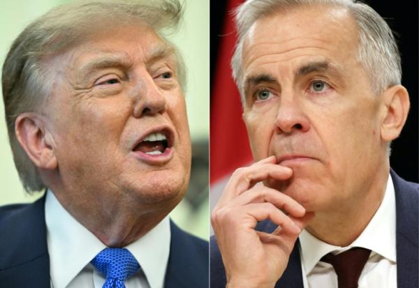 Cette combinaison de photos créée le 24 août 2026 montre, à gauche, le président américain Donald Trump à Washington, le 10 août 2026, et à droite le Premier ministre canadien Mark Carney le 25 juin 2026 à Ottawa