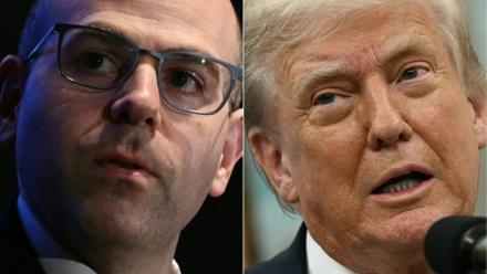 Montage photo réalisé le 7 août 2025 montrant le conseiller économique Stephen Miran à Washington, le 30 avril 2025 (à gauche), et le président américain Donald Trump à Washington, le 6 août 2025 (à droite)