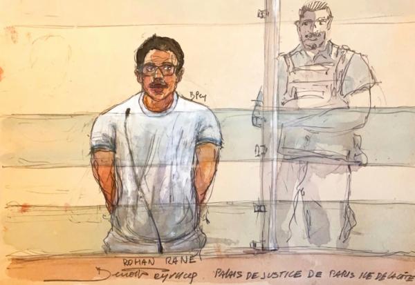 Croquis d'audience du 5 octobre 2026 montrant le ressortissant indien Rohan Rane (g) lors de son procès pour des sévices sexuels imposés en ligne à des mineures à la cour d'assises de Paris