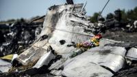 Photo prise le 26 juillet 2014 sur le site du crash du vol MH17 dans la région de Donetsk en Ukraine et montrant des fleurs déposées par la famille d'une victime australienne
