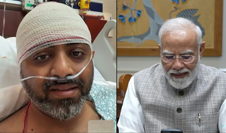 Capture d'écran, tirée d'une vidéo publiée le 2 octobre 2026 sur la chaîne YouTube de Narendra Modi, montrant le Premier ministre indien Narendra Modi (à droite) en train de s'entretenir par appel vidéo avec Smit Machchhar, pilote de la compagnie flydubai en convalescence dans un hôpital aux Émirats arabes unis