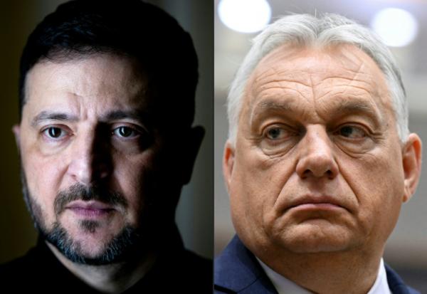 (ARCHIVES) Cette série de photos d'archives réalisée le 6 mars 2026 montre le président ukrainien Volodymyr Zelensky (à gauche) posant lors d'une séance photo en marge d'un entretien avec des journalistes de l'AFP à Kiev le 20 février 2026,  et le Premier ministre hongrois Viktor Orban assistant à une réunion du Conseil européen à Bruxelles le 26 juin 2025.